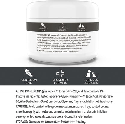 Close up of Smiling Paws Pets antibacterial wipes for cats and dogs skin treatment.
