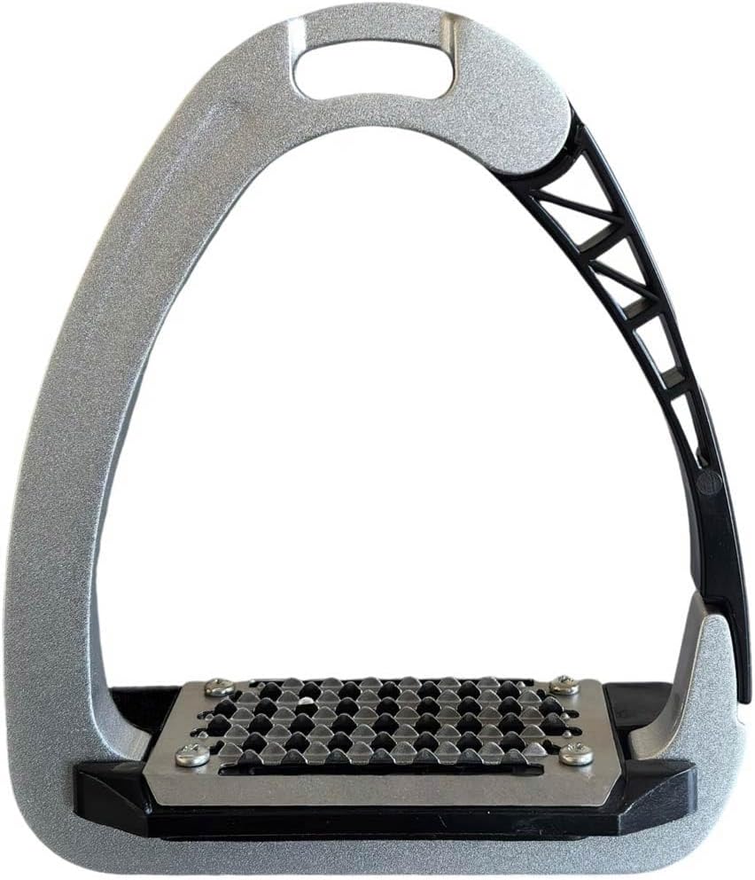 Underneath angle of the lightweight polymer and stainless steel horse riding safety stirrups.
