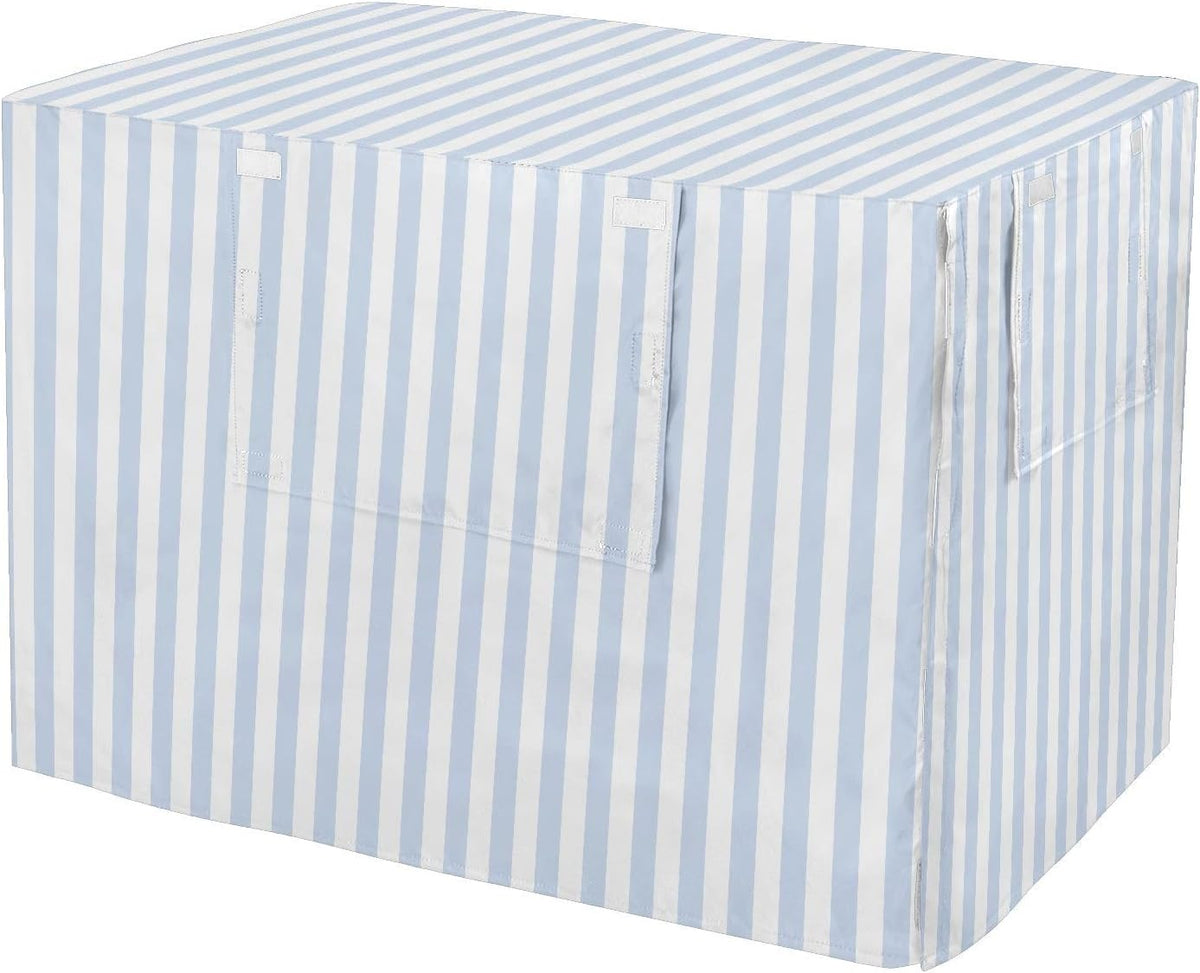 ZRWLUCKY dog crate cover front view showing blue vertical stripes pattern on a pet kennel