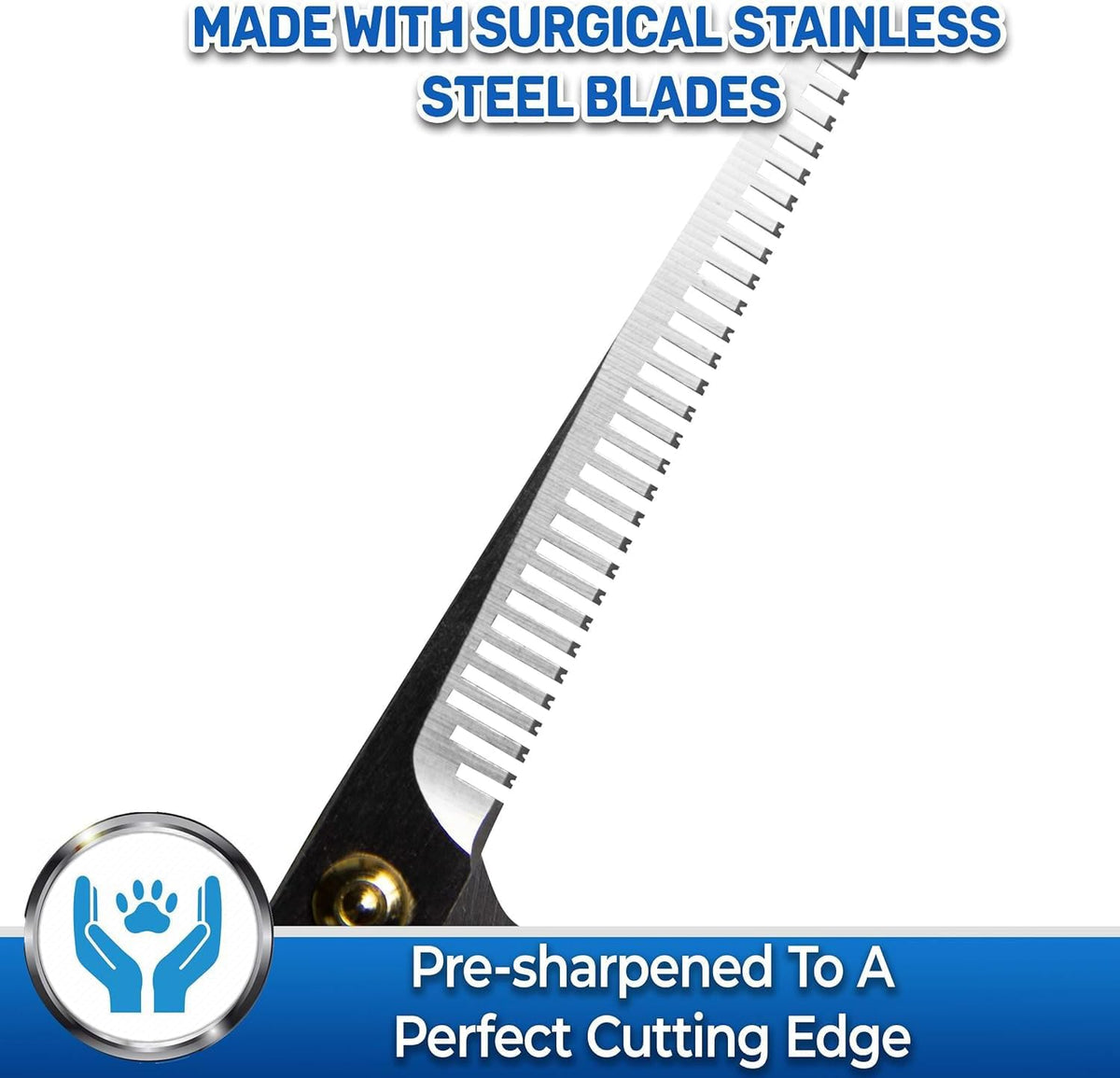 PET MAGASIN curved grooming shears highlighting the rounded safety tips for dogs