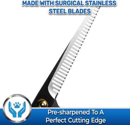 PET MAGASIN curved grooming shears highlighting the rounded safety tips for dogs