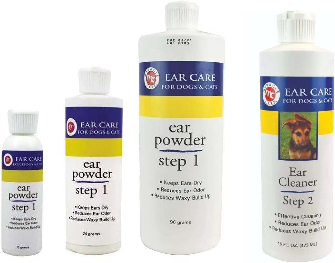 Close up of R-7 ear powder label for pet hygiene