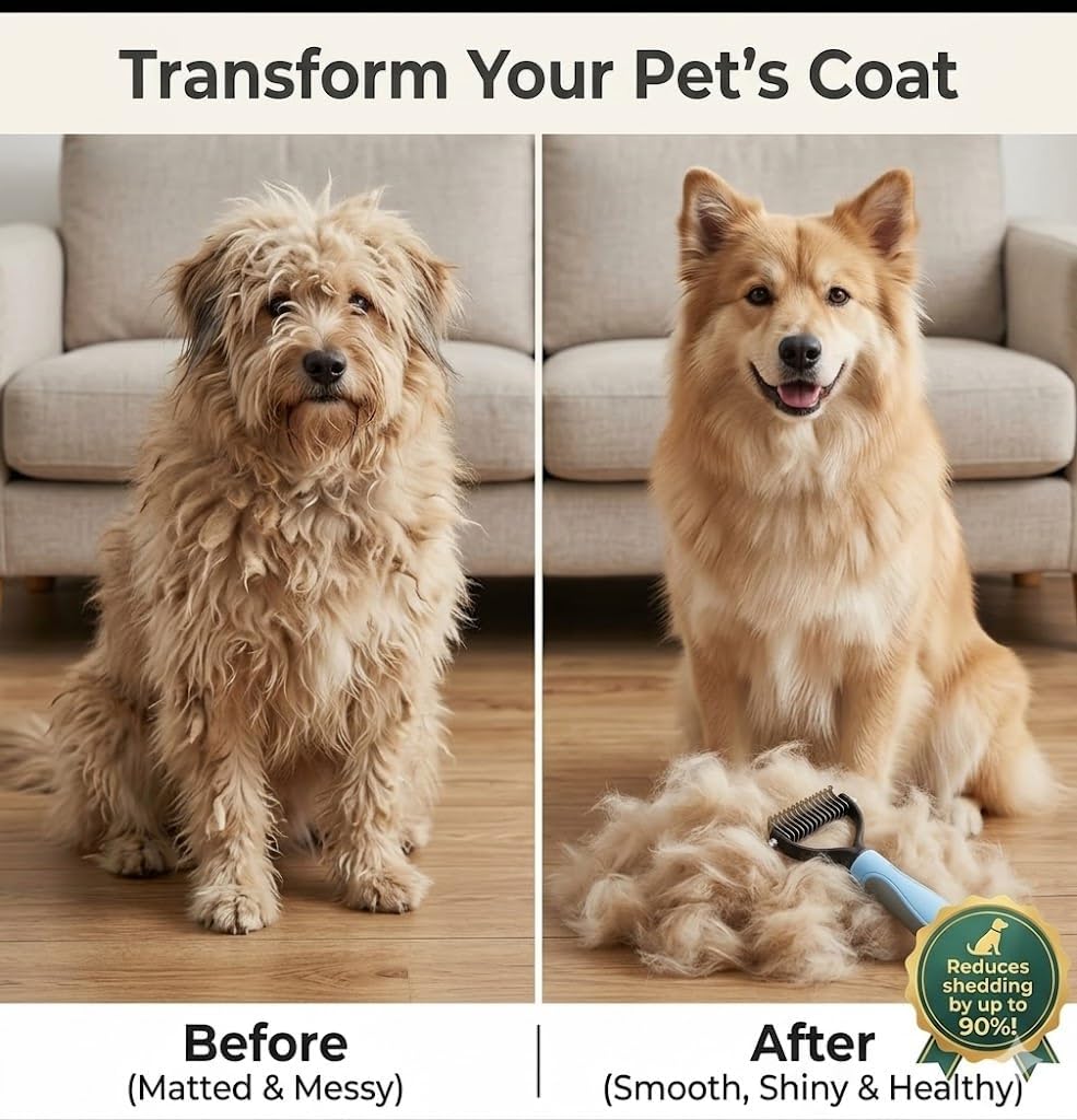 Close up of pet grooming rake removing loose fur