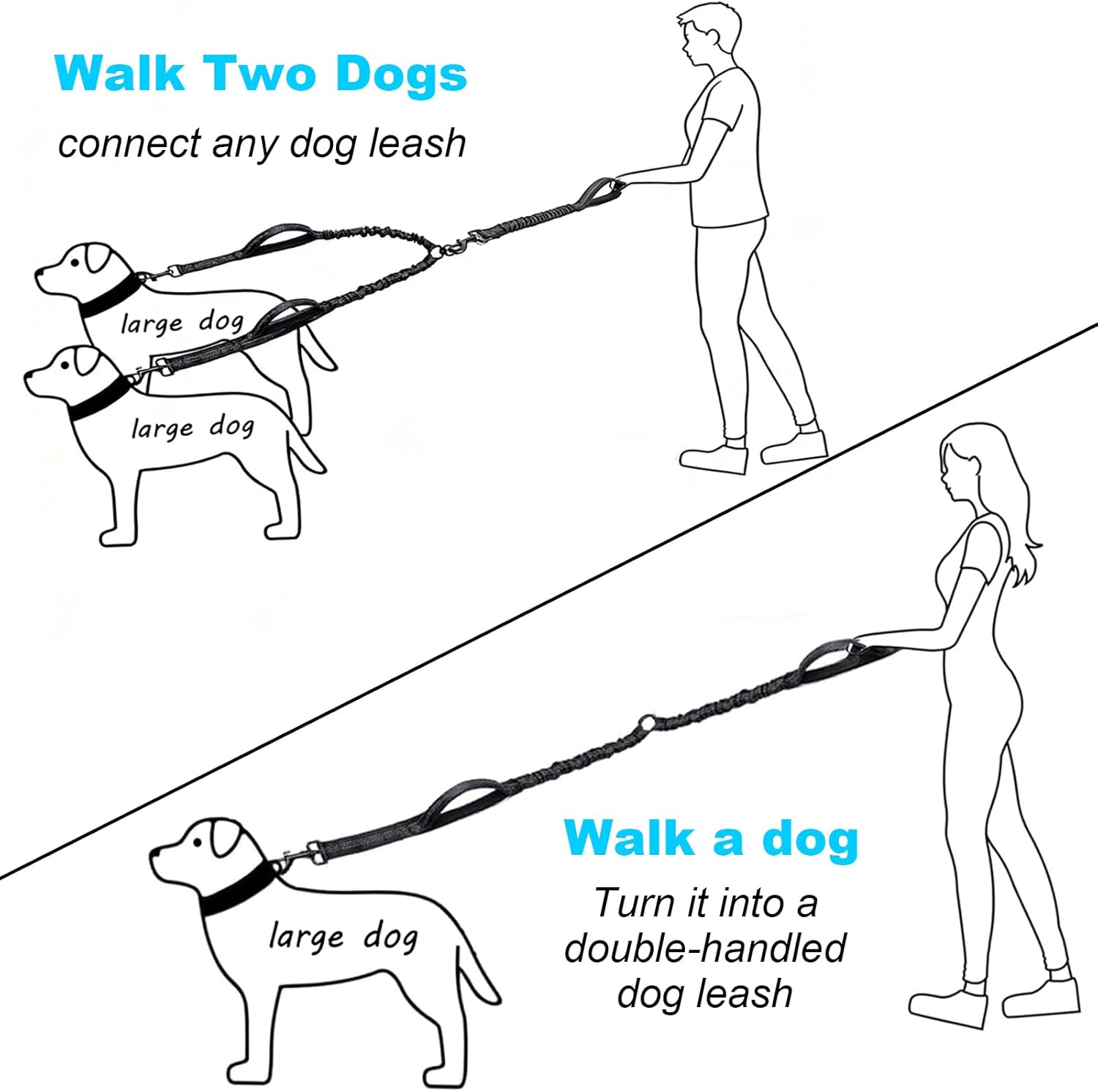 Heavy duty metal alloy snap hooks on the dual dog leash coupler attachment.