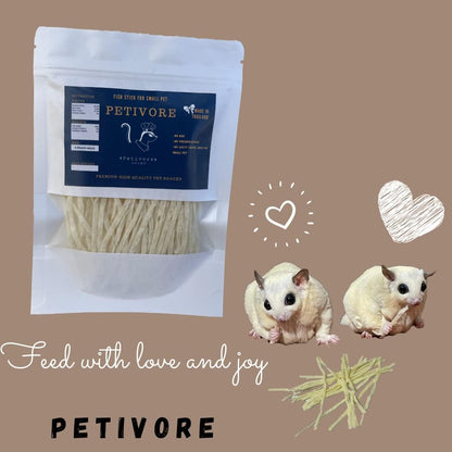 PETIVORE real fish stick snacks displayed next to healthy coat visual indicators