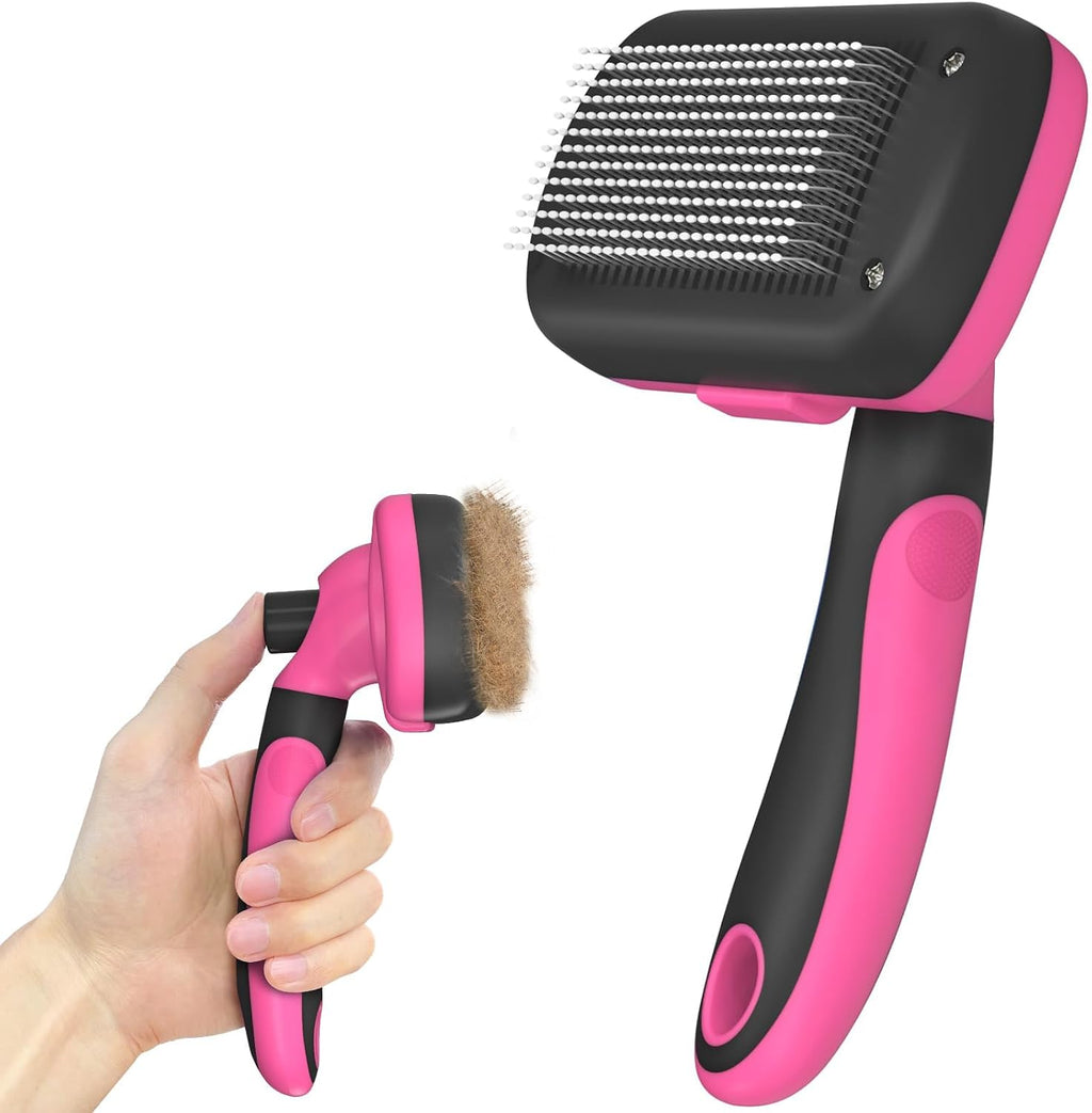 Dipoo self cleaning pet brush effectively gathering loose undercoat fur from a puppy.
