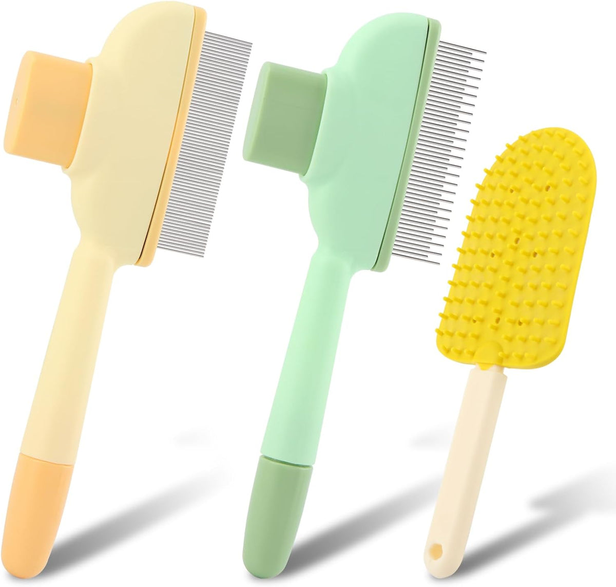 Self-cleaning pet flea comb showing the one-click quick release button mechanism.