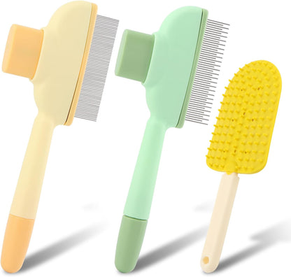 Self-cleaning pet flea comb showing the one-click quick release button mechanism.