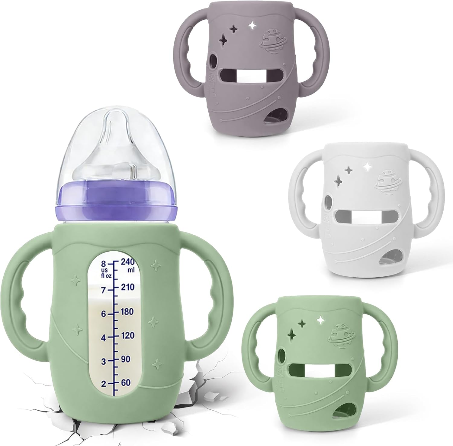 Busoha silicone sleeves for Lansinoh glass baby bottles front view