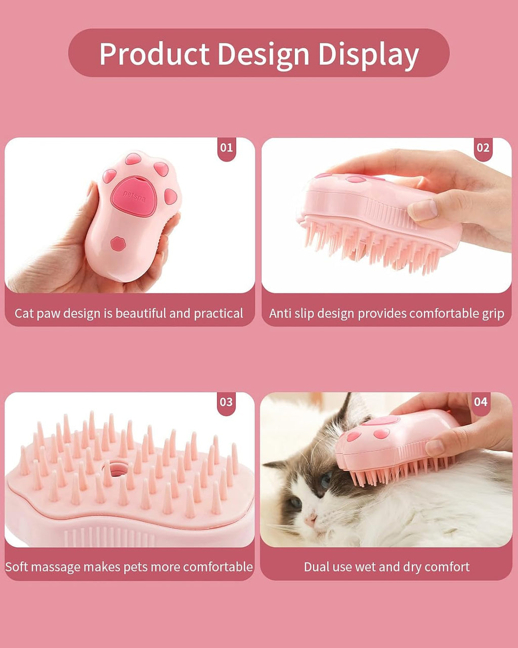 Pink cat steam brush showing ergonomic paw design