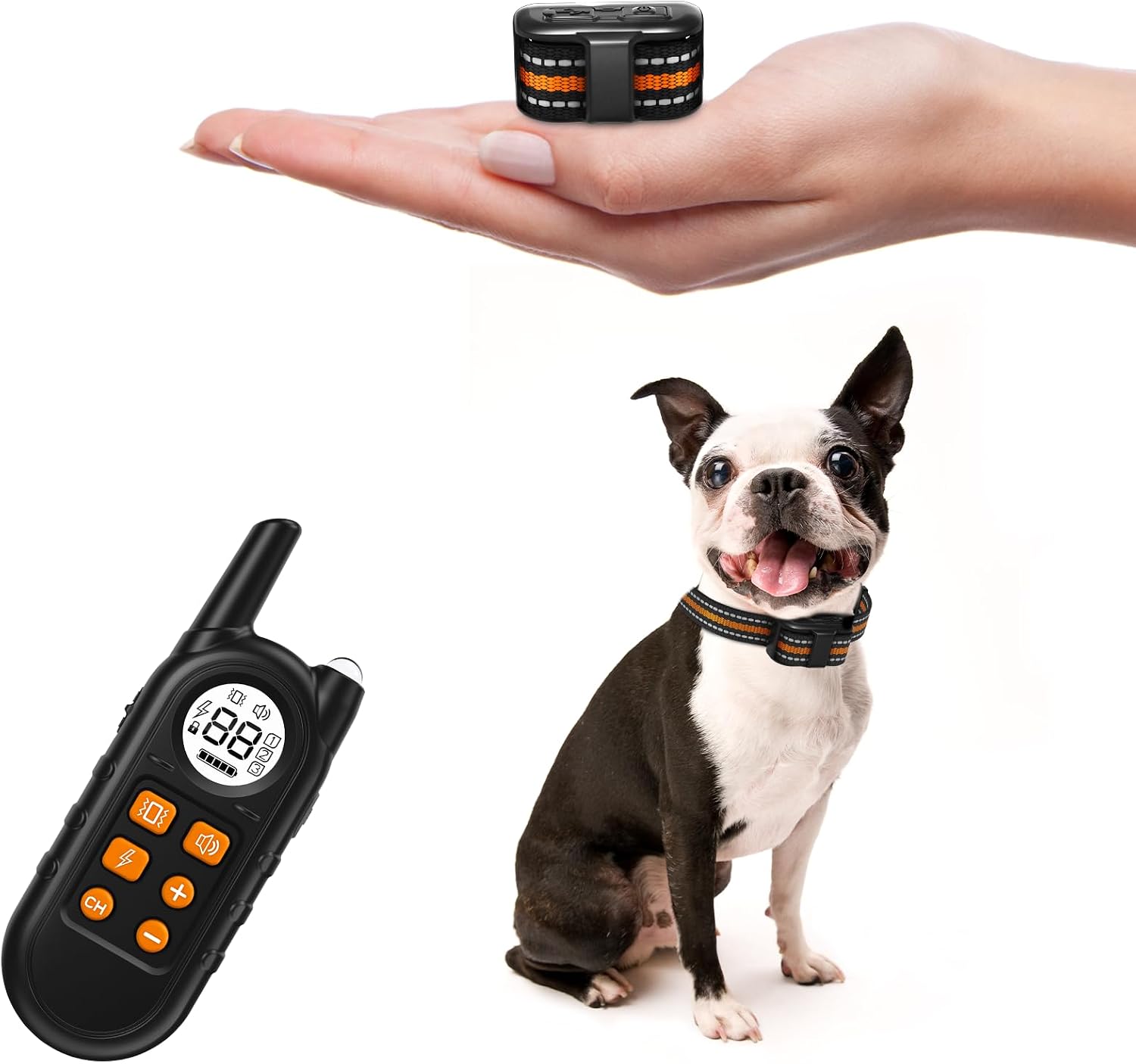 UbaNinva ultra compact dog training collar front view showing orange reflective strap and remote control.