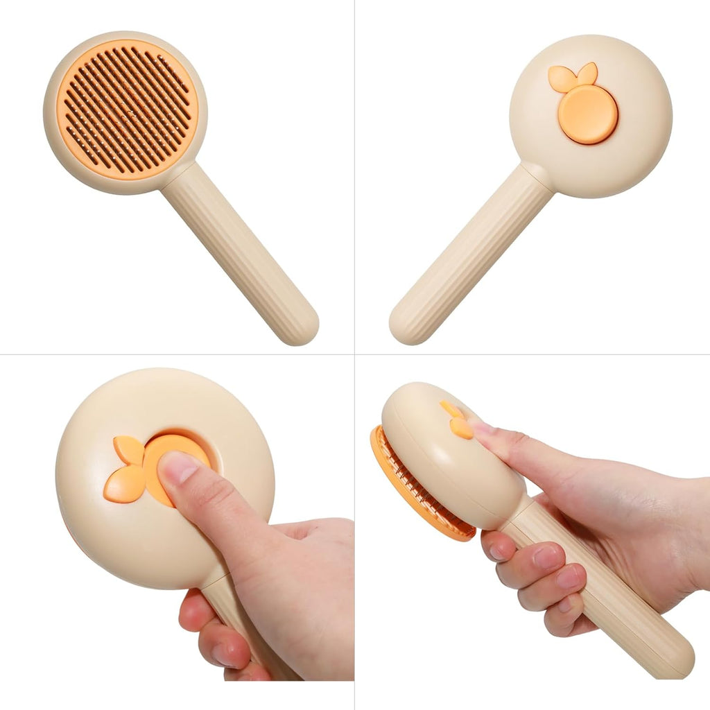 Close up of Flynovate pet brush metal bristles and cleaning button