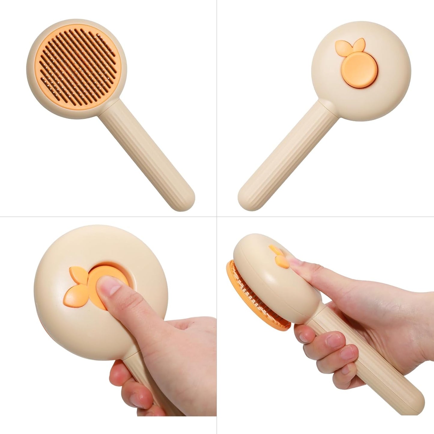 Close up of Flynovate pet brush metal bristles and cleaning button