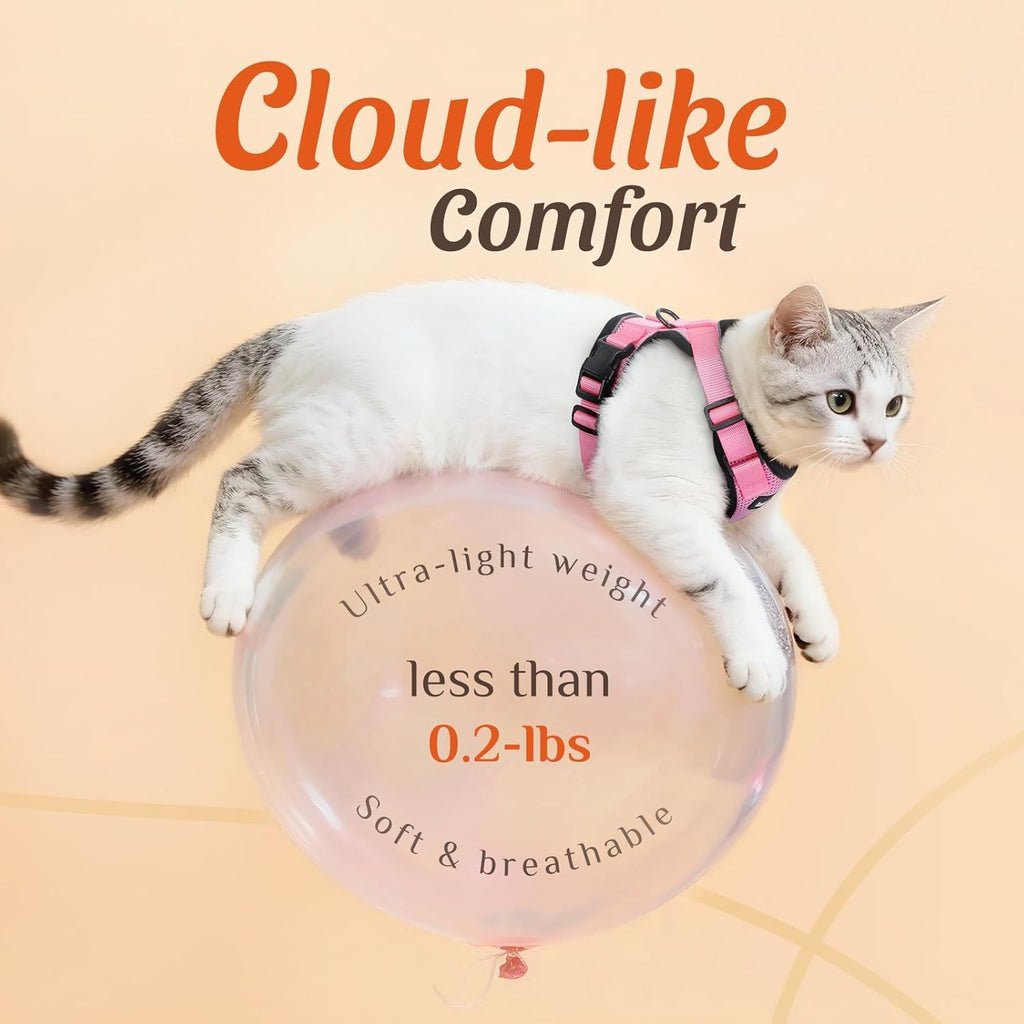 Matching pink leash attached to the sturdy back D-ring of the cat harness