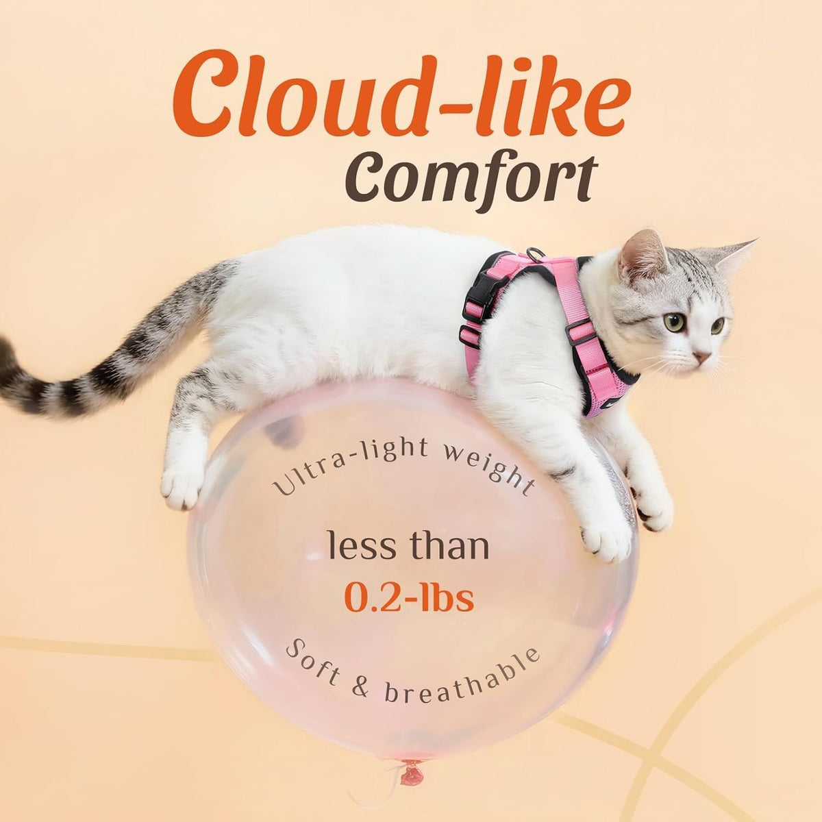 Matching pink leash attached to the sturdy back D-ring of the cat harness