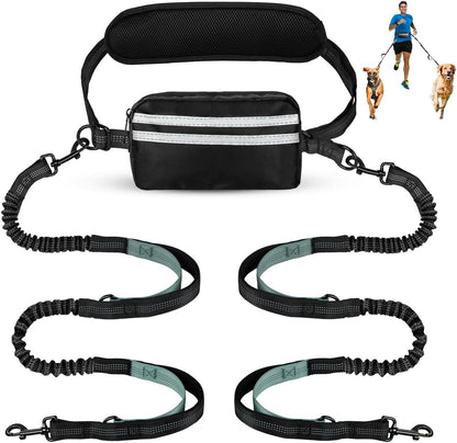 Yicostar hands free double dog leash front view showing black padded waist belt and pouch.