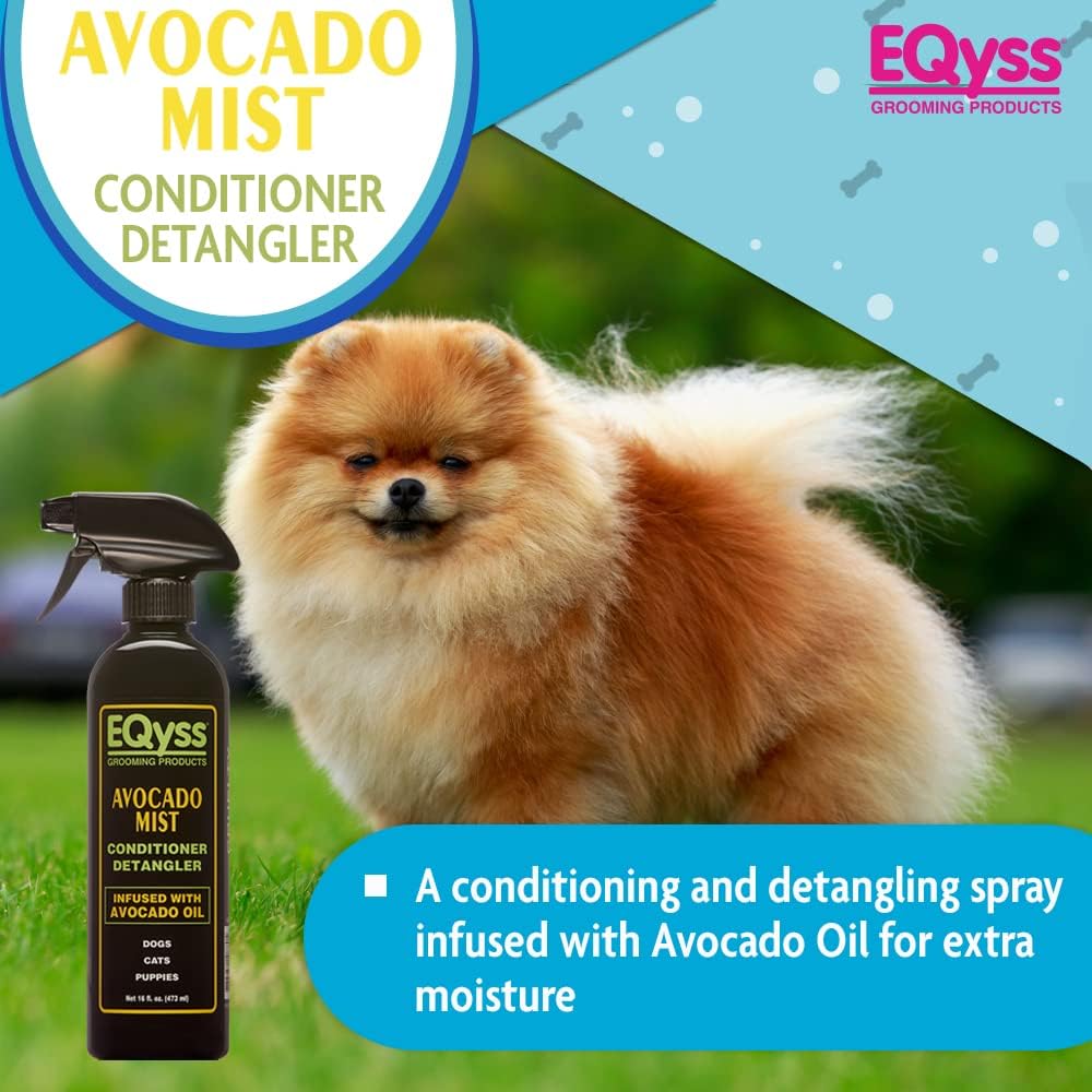 Leave-in botanical pet detangler spray bottle showing product details and benefits