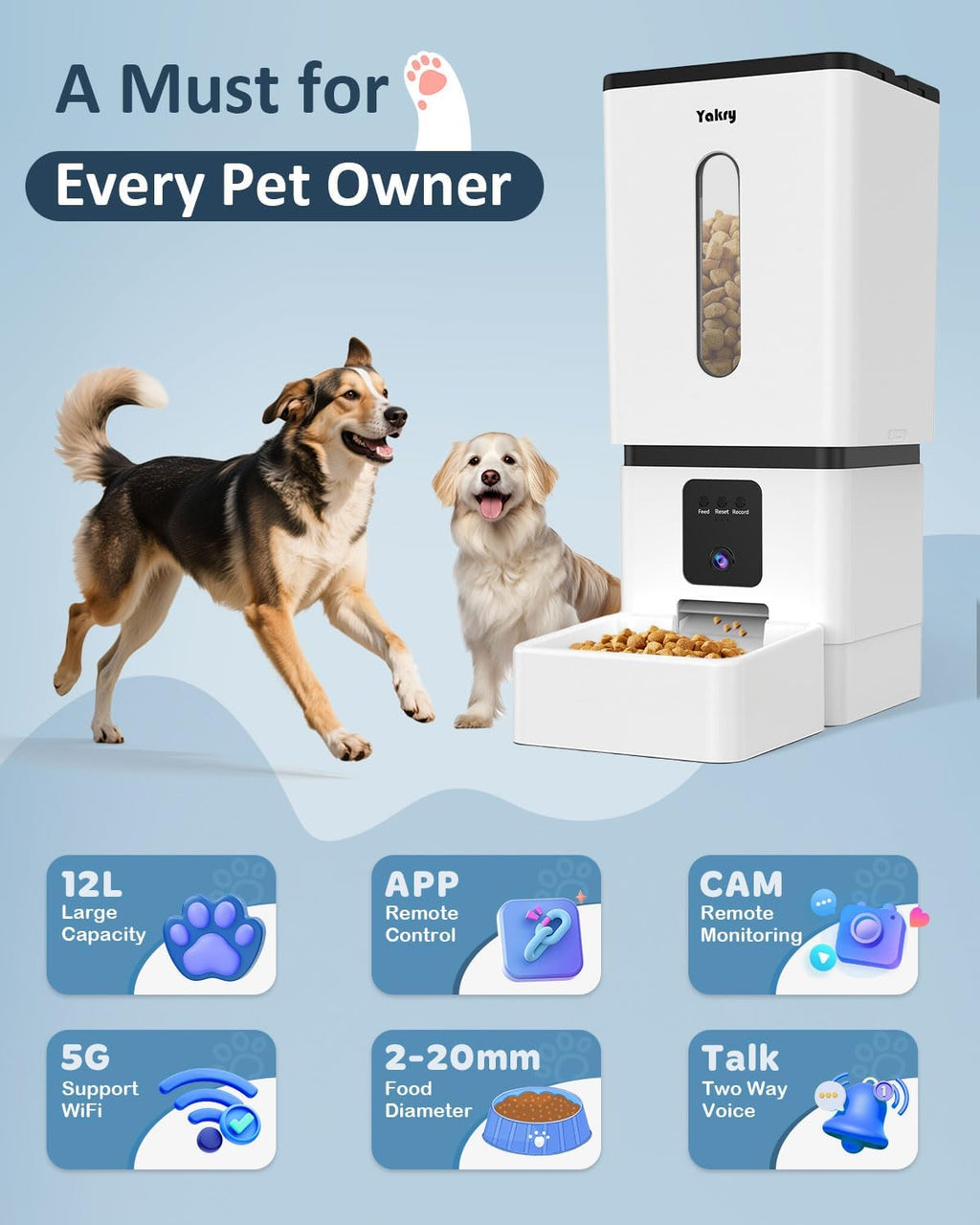 Automatic Dog Feeder Large Breed with Camera - 12L/50 Cups Anti-Clog Dog Food Dispenser for Kibble up to 20mm/0.78 in - WiFi App Scheduling & HD 1080P Camera for Remote Mealtime Check-Ins by Yakry - Image 9