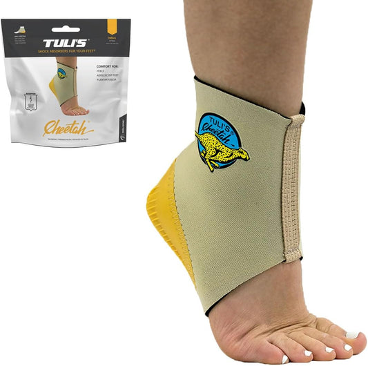 Tuli's Cheetah Heel Cup Small front view for gymnast heel pain relief.