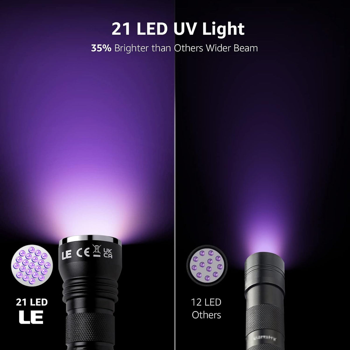 Lepro 395nm ultraviolet pocket torch showcasing the twenty-one high-intensity LED bulb head.
