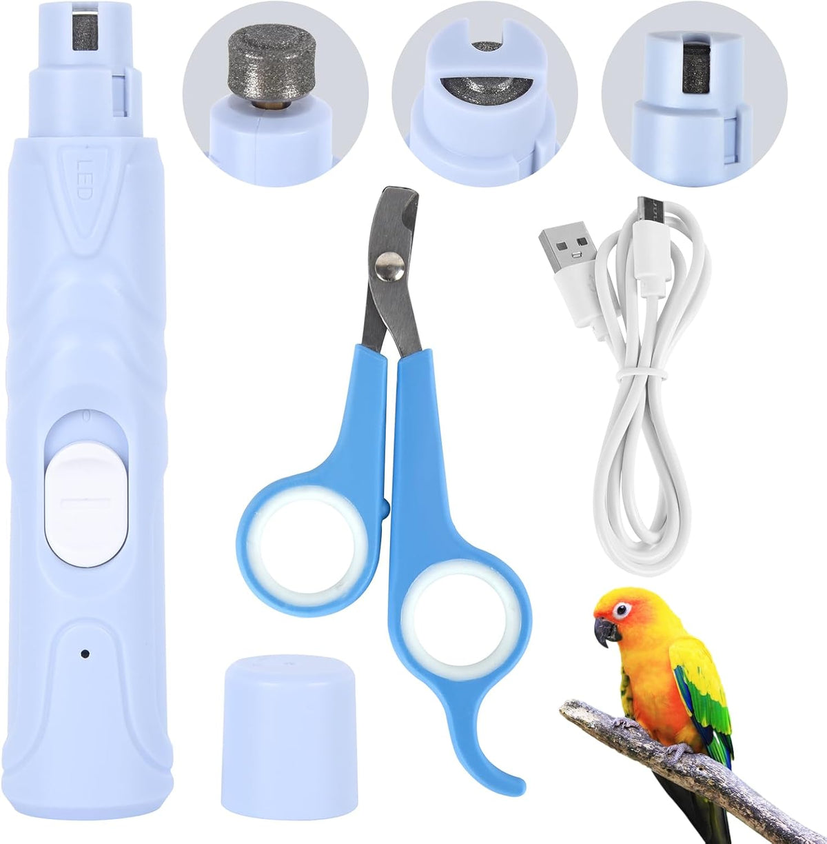 Anicuta Bird Nail Grinder front view showcasing the ergonomic cactus-shaped handle and LED illumination feature.