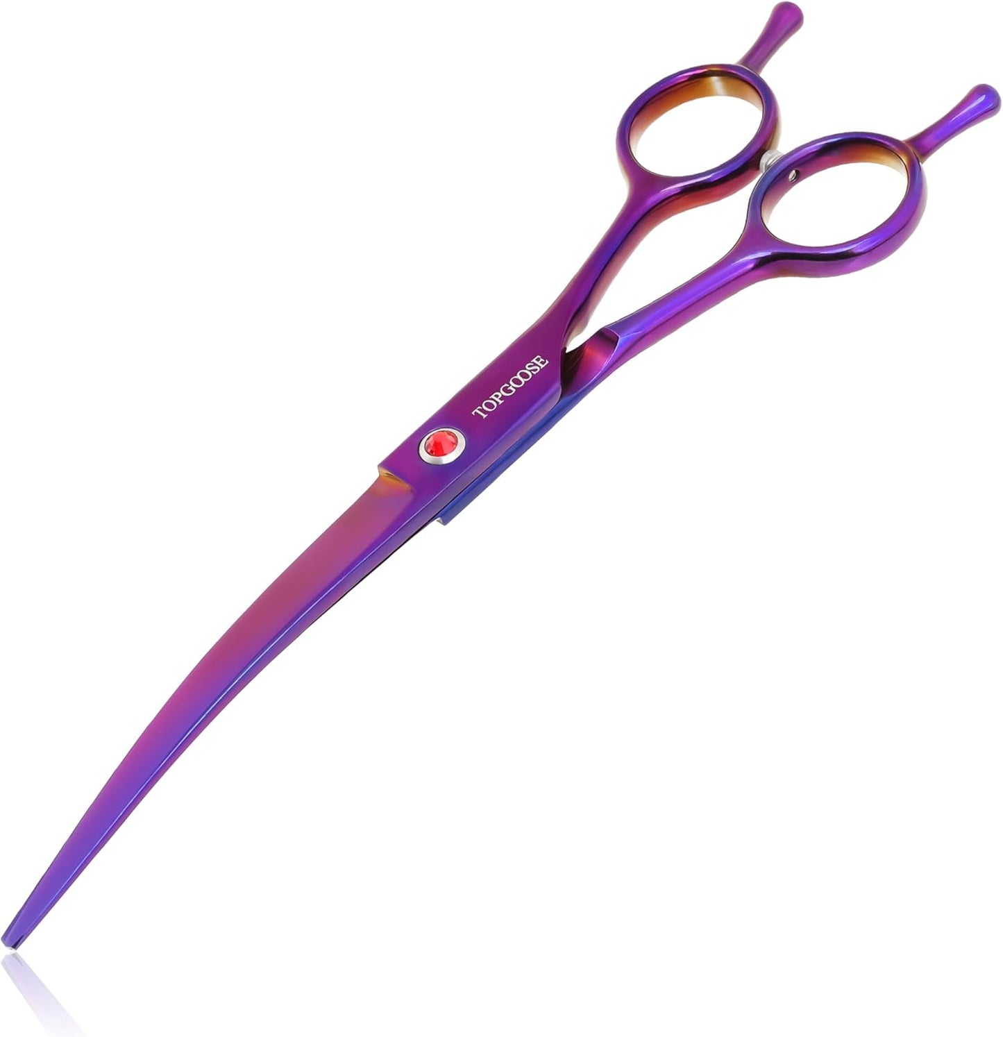 Topgoose black stainless steel pet scissor showing the smooth cutting blades open.
