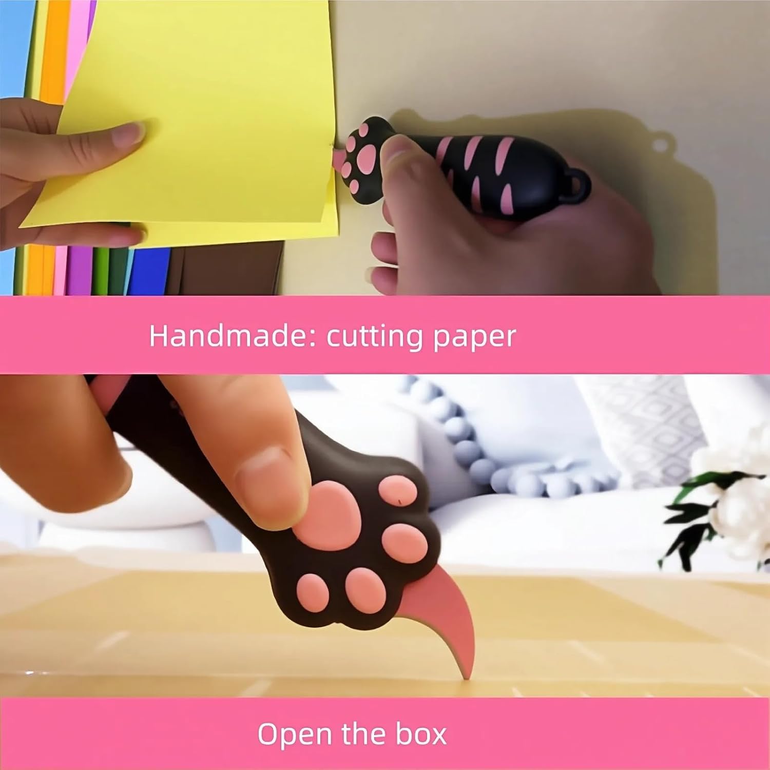 Compact cute pocket knife for women placed next to office desk stationery.
