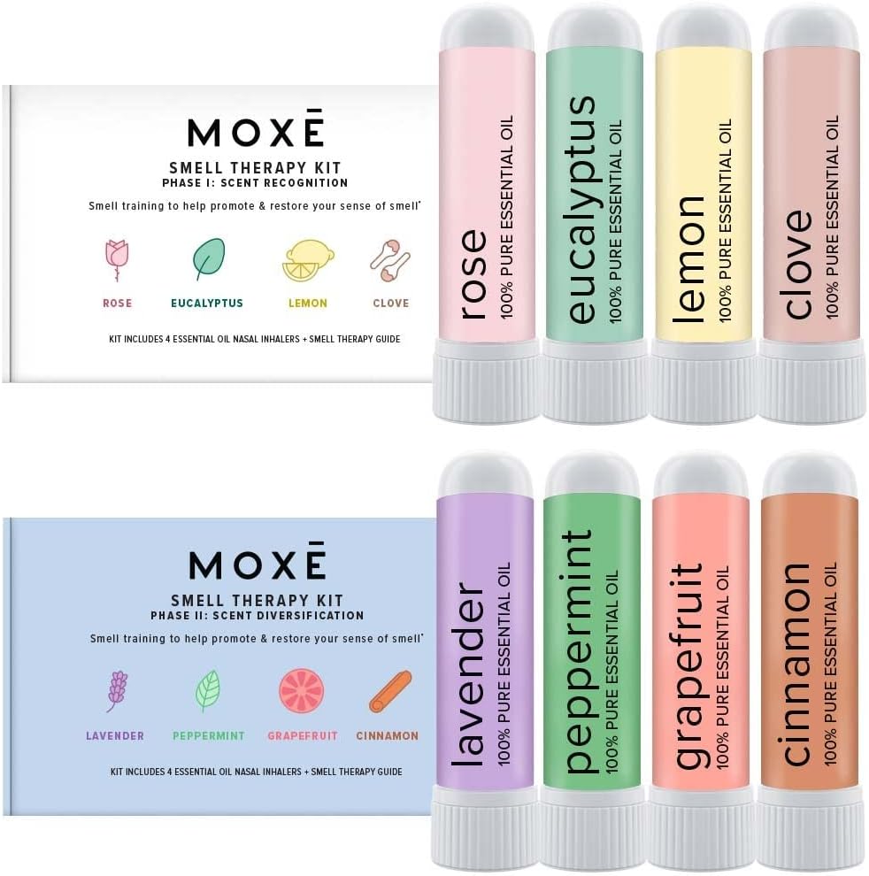 MOXĒ Smell Training Kit front view showing eight essential oil inhalers for olfactory therapy.