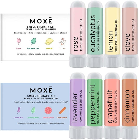 MOXĒ Smell Training Kit front view showing eight essential oil inhalers for olfactory therapy.