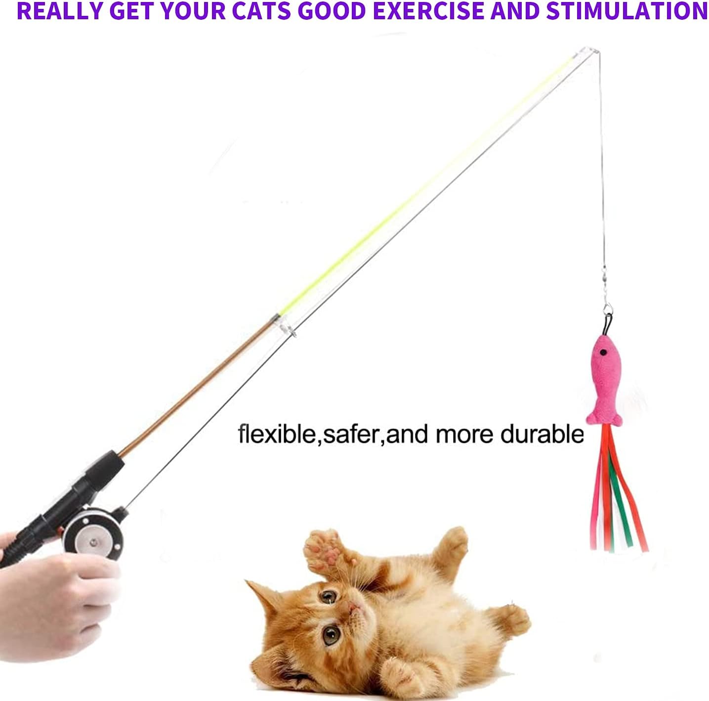Whefory cat teaser wand showing natural feather lure with built in bell to stimulate feline hunting instincts