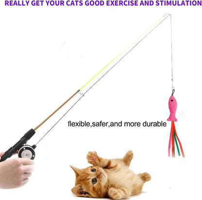 Whefory cat teaser wand showing natural feather lure with built in bell to stimulate feline hunting instincts