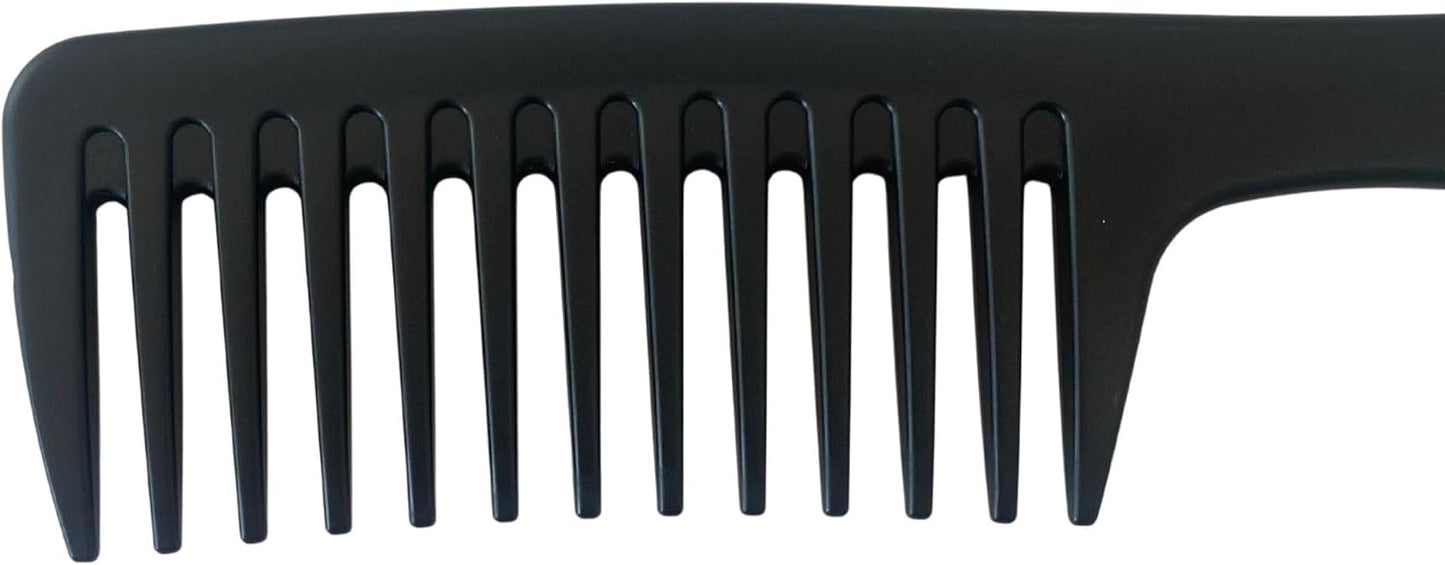 Side view of the eight inch wide tooth detangling comb showing the sturdy handle grip.