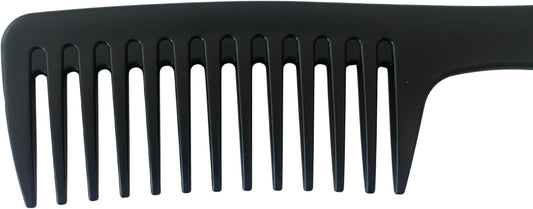 Side view of the eight inch wide tooth detangling comb showing the sturdy handle grip.
