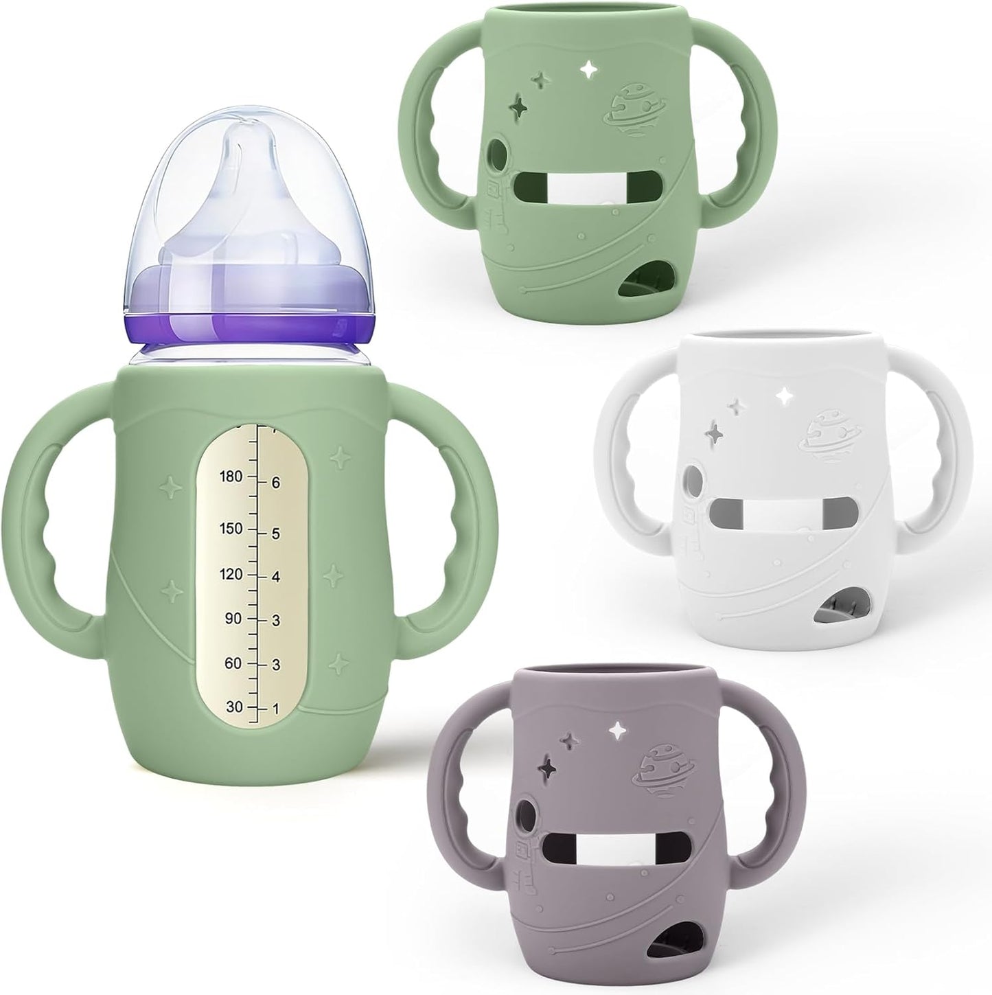 Mity Rain 3 Pack silicone sleeves with handles for Lansinoh bottles front view