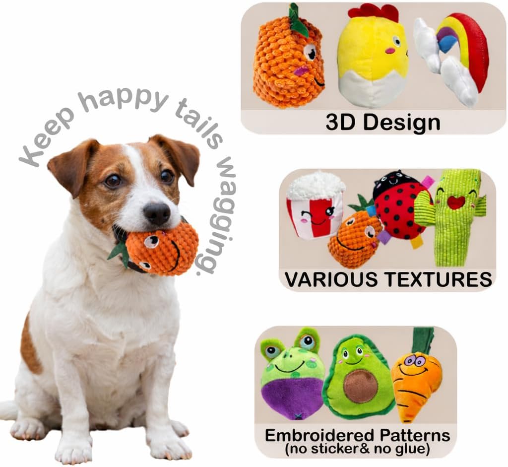 Assorted fruit and vegetable shaped squeaky toys for small dogs