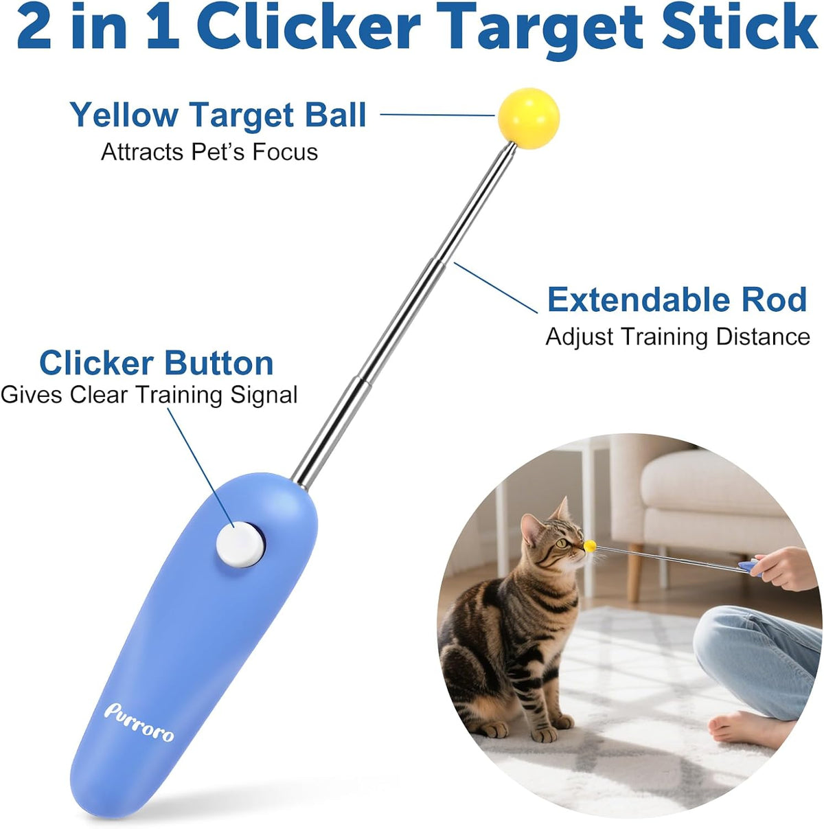 Purroro retractable stainless steel target stick extended with yellow ball tip