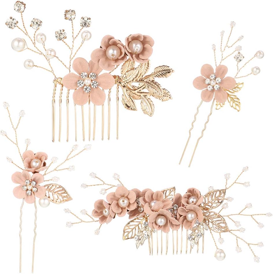 Bowinr 4 Piece Wedding Hair Comb Set front view showcasing rose gold wire and pink flowers.