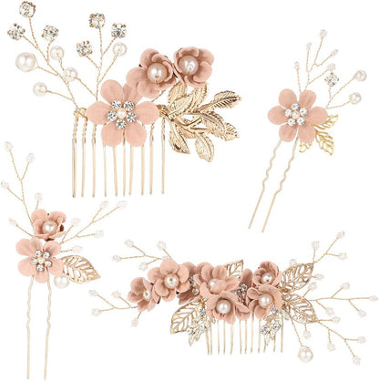 Bowinr 4 Piece Wedding Hair Comb Set front view showcasing rose gold wire and pink flowers.