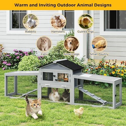 COZIWOW Large 92IN Outdoor Rabbit Hutch with 3 Run Boxes, Weatherproof Bunny Cage with Asphalt Roof & Sunlight Panels, Hands-Free Clean Tray & Metal Wire Mesh, 2-Tier Rest & for 2-3 Rabbits, Grey - Image 5