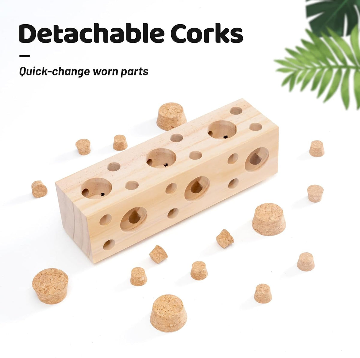 Two pieces of Jons Nty bird foraging toys laid out with replacement corks