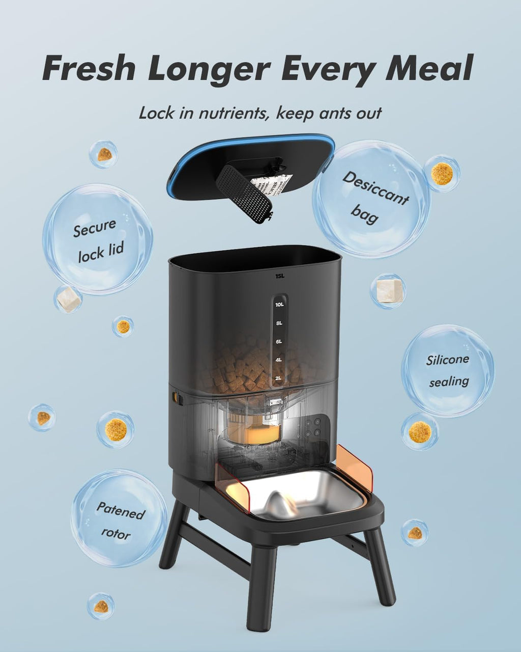 Nityers automatic dispenser demonstrating anti clog mechanism with twenty three millimeter kibble pieces