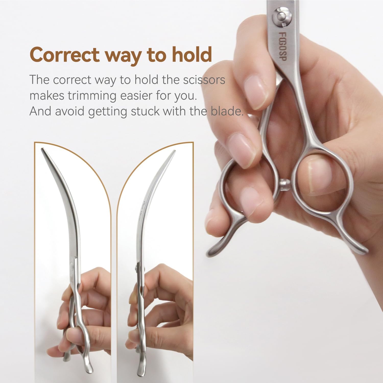 FOGOSP professional curved shears for shaping round pet faces and ears smoothly.