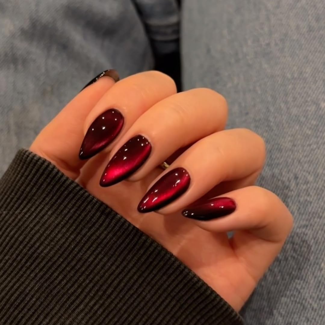 Kqueenest Dark Red Cat Eye Press On Nails almond shape front view