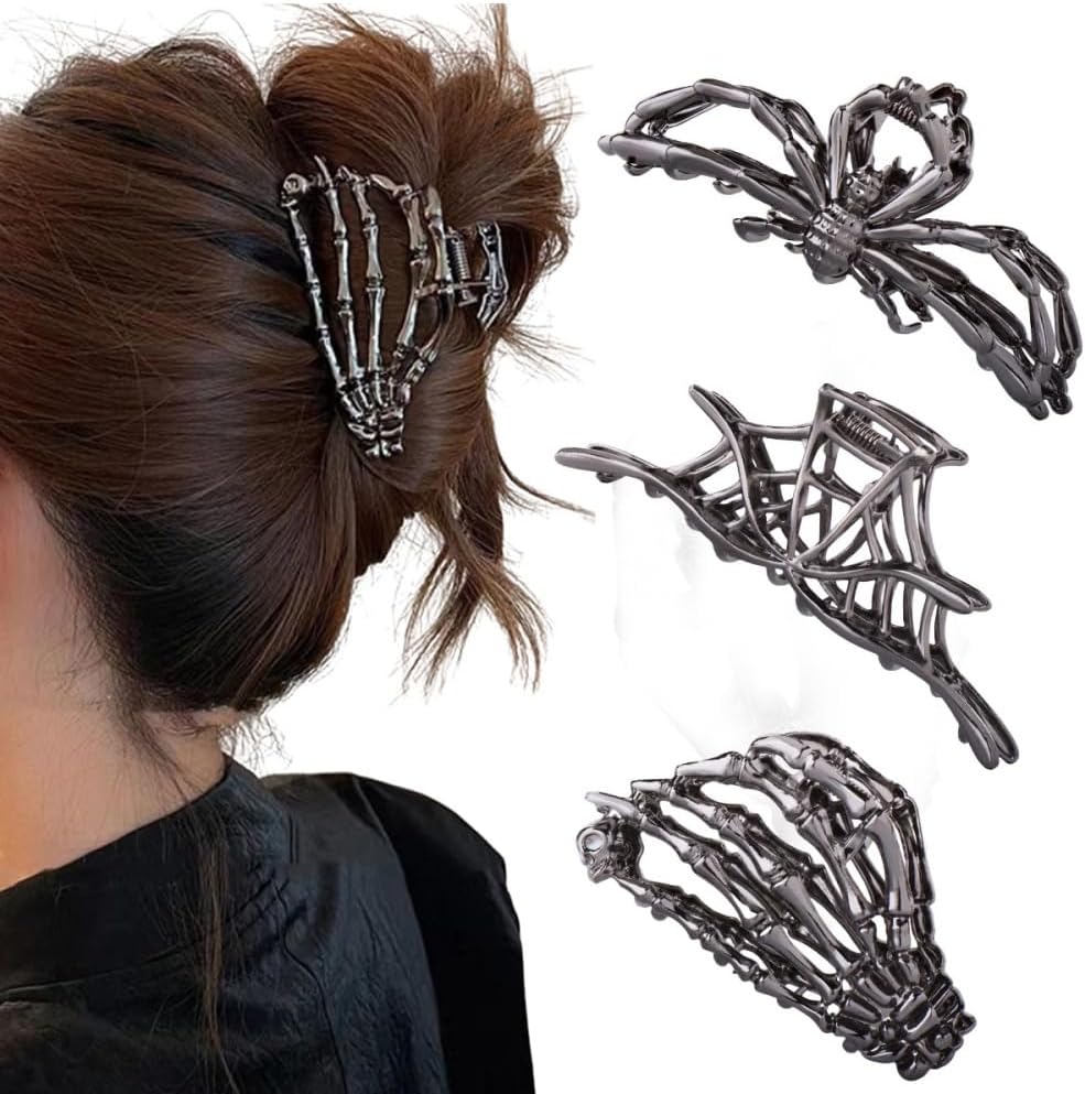 Rauimour gothic metal hair claw clips three count set front view displaying skeleton hand design