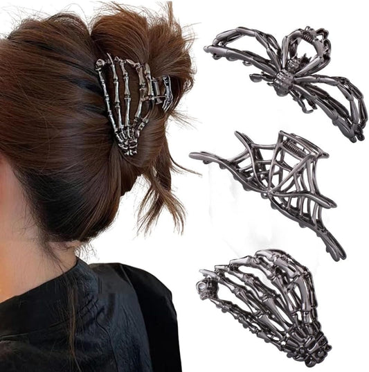 Rauimour gothic metal hair claw clips three count set front view displaying skeleton hand design