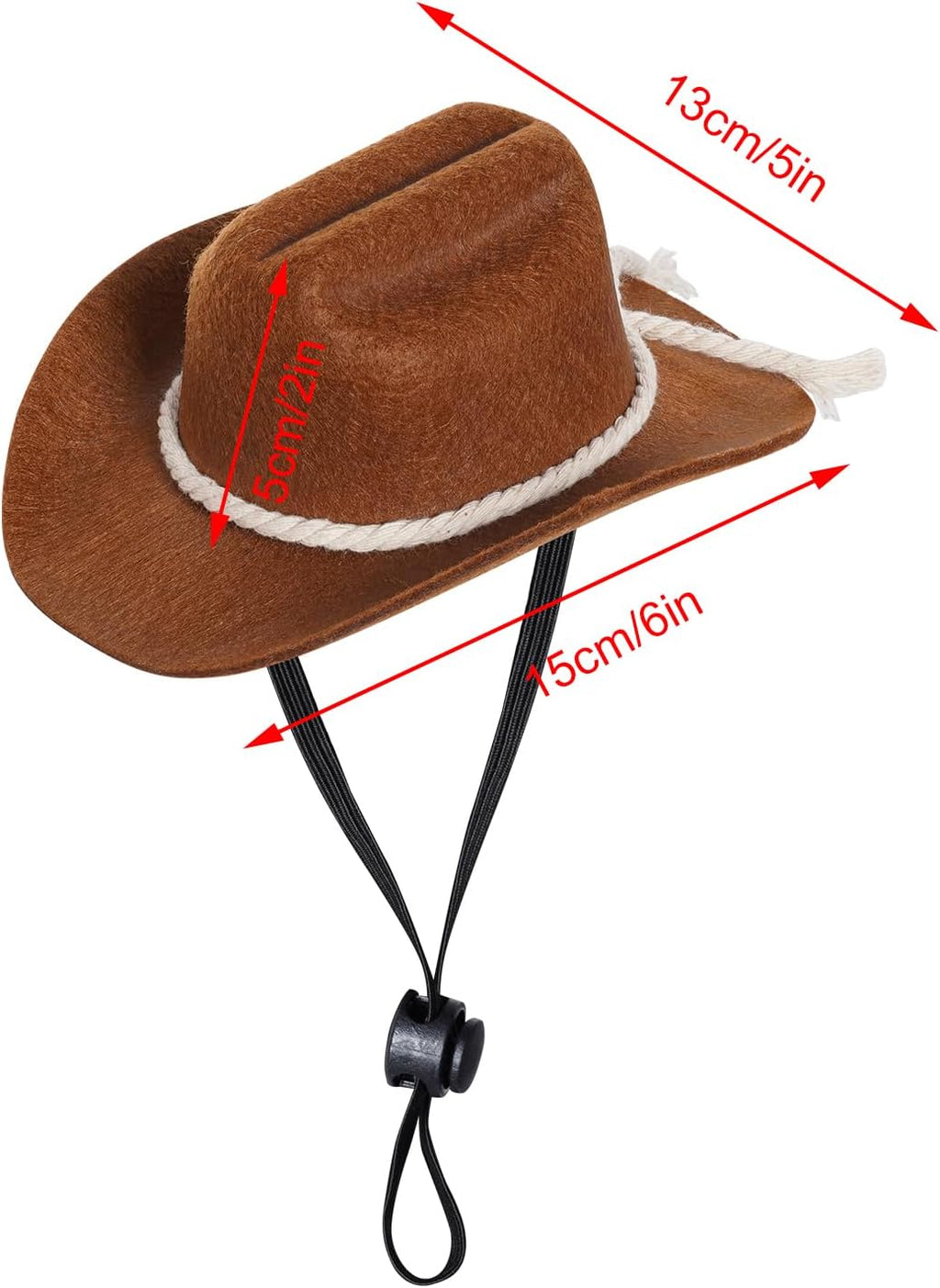Brown pet cowboy hat with adjustable chin strap close up details