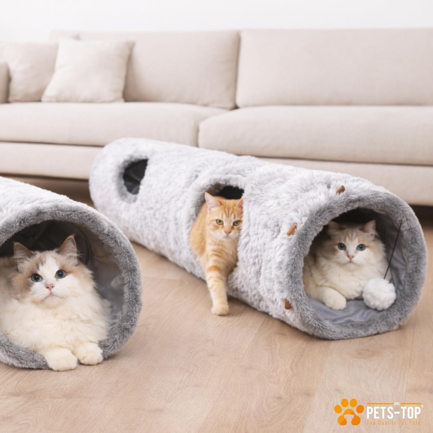 Collapsible plush cat tube completely folded down flat for convenient storage and travel.