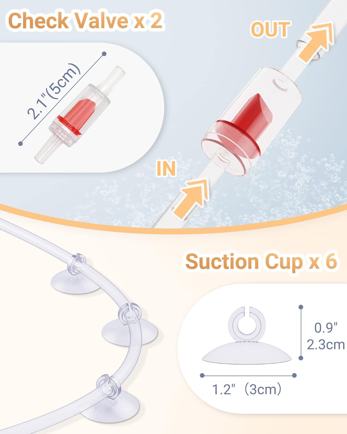 Six secure suction cups and four T-shape and straight airline connectors spread out on a clean surface.