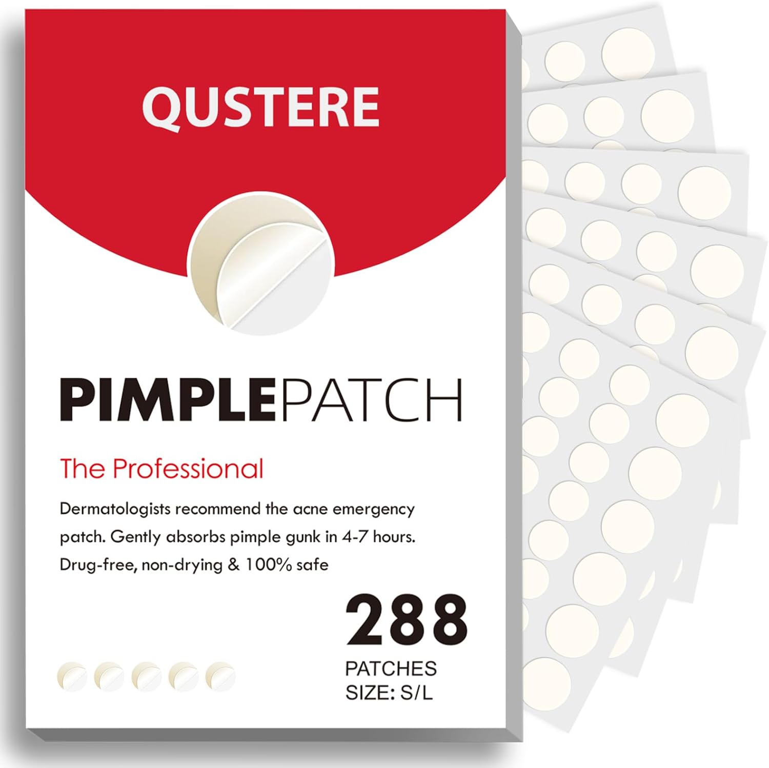 QUSTERE hydrocolloid acne pimple patches front packaging view showing 288 count pack