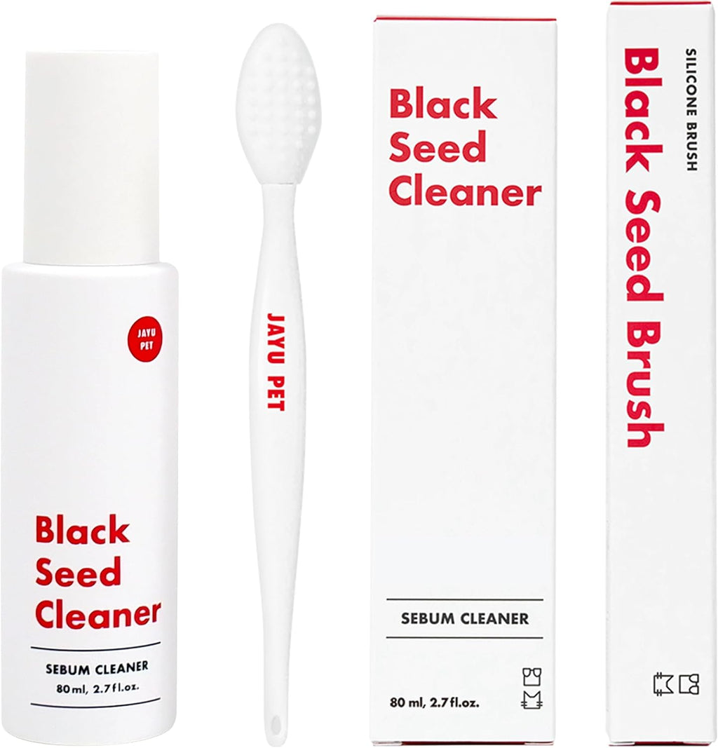JAYU PET Cat Blackhead Free Kit front view showing the eighties milliliters bottle and silicone brush for feline grooming.